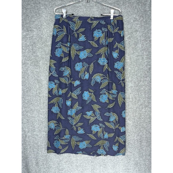 Rena Rowan Dresses & Skirts - Vintage Rena Rowan Maxi Skirt 14W Blue Floral Straight Lined Slit Modest 90s